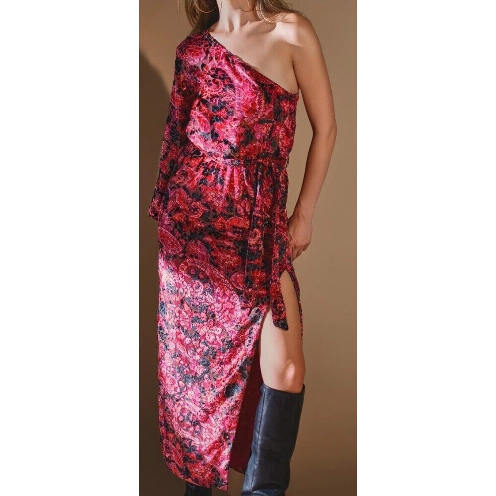 Hemant & Nandita Mehr Maxi Dress One-Shoulder Size L Pink/Black/Multi Velvet